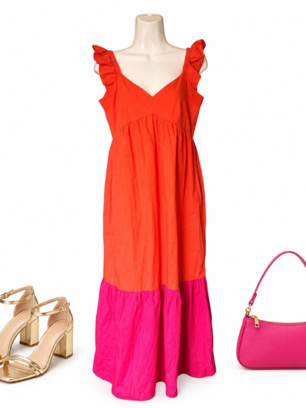Donna Morgan Orange Pink Colorblock Ruffle Maxi Dress 4